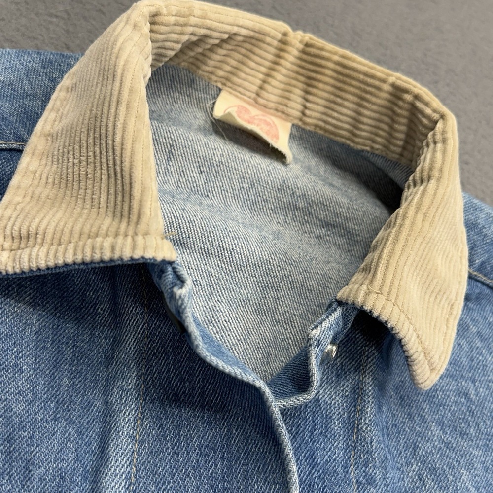 Vtg 80s Denim Chore Coat Sz L Stuffed Shirt Denim Corduroy Collar‎ Barn Jacket - Picture 4 of 13